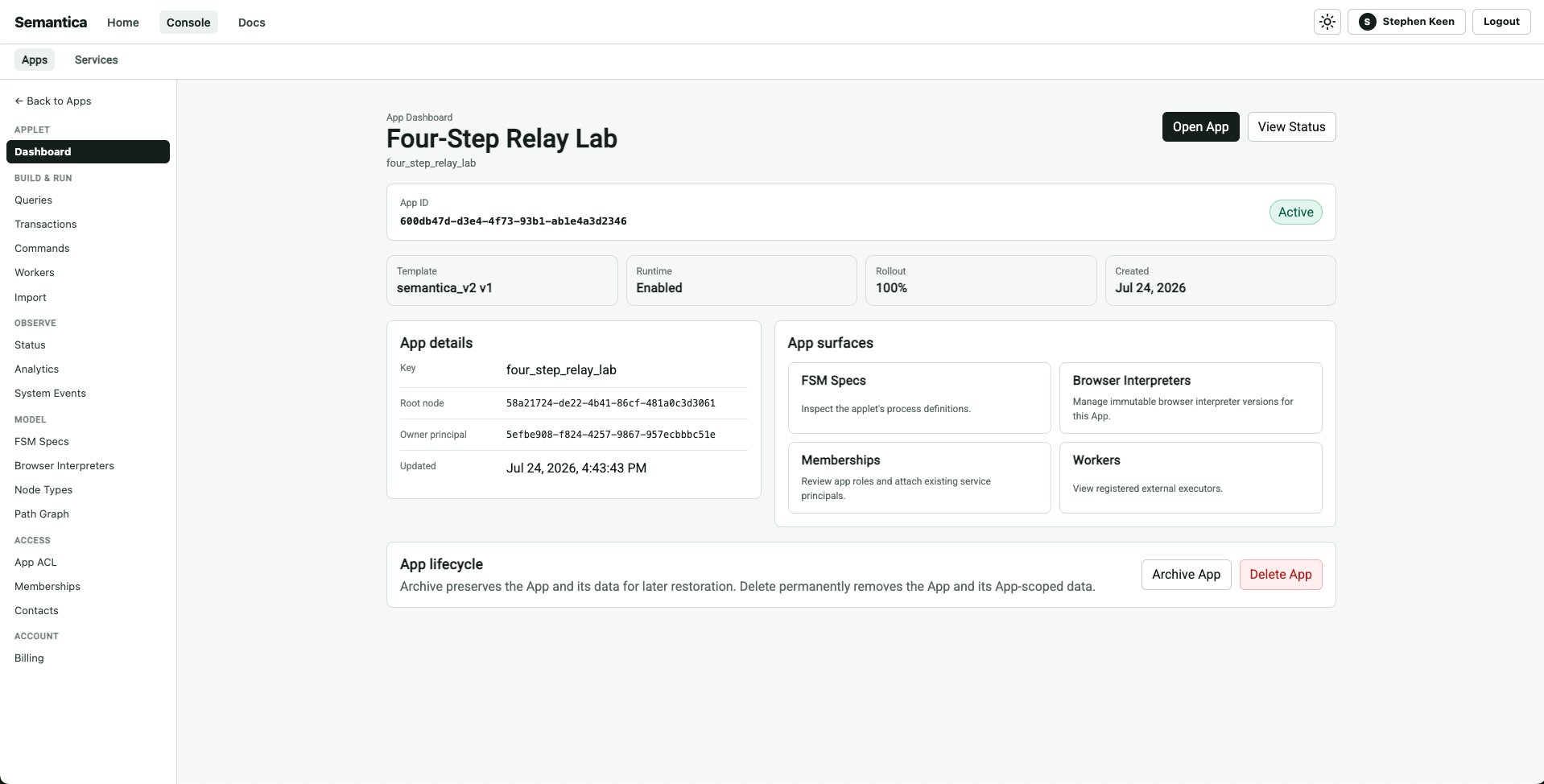 Symantia developer portal showing the Getting Started app dashboard, runtime status, app details, and administrative surfaces.